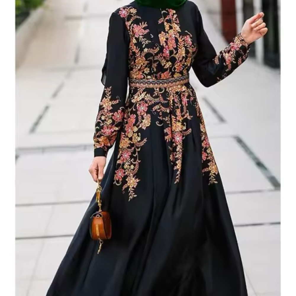 Modest black floral print dress